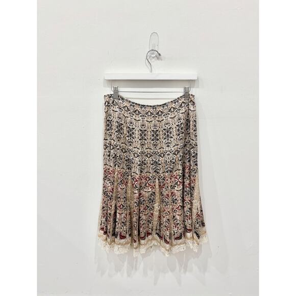 NWT Elie Tahari Silk Geometric Print Lace Trim Flare Midi Skirt Multi Womens 10 - Picture 2 of 4